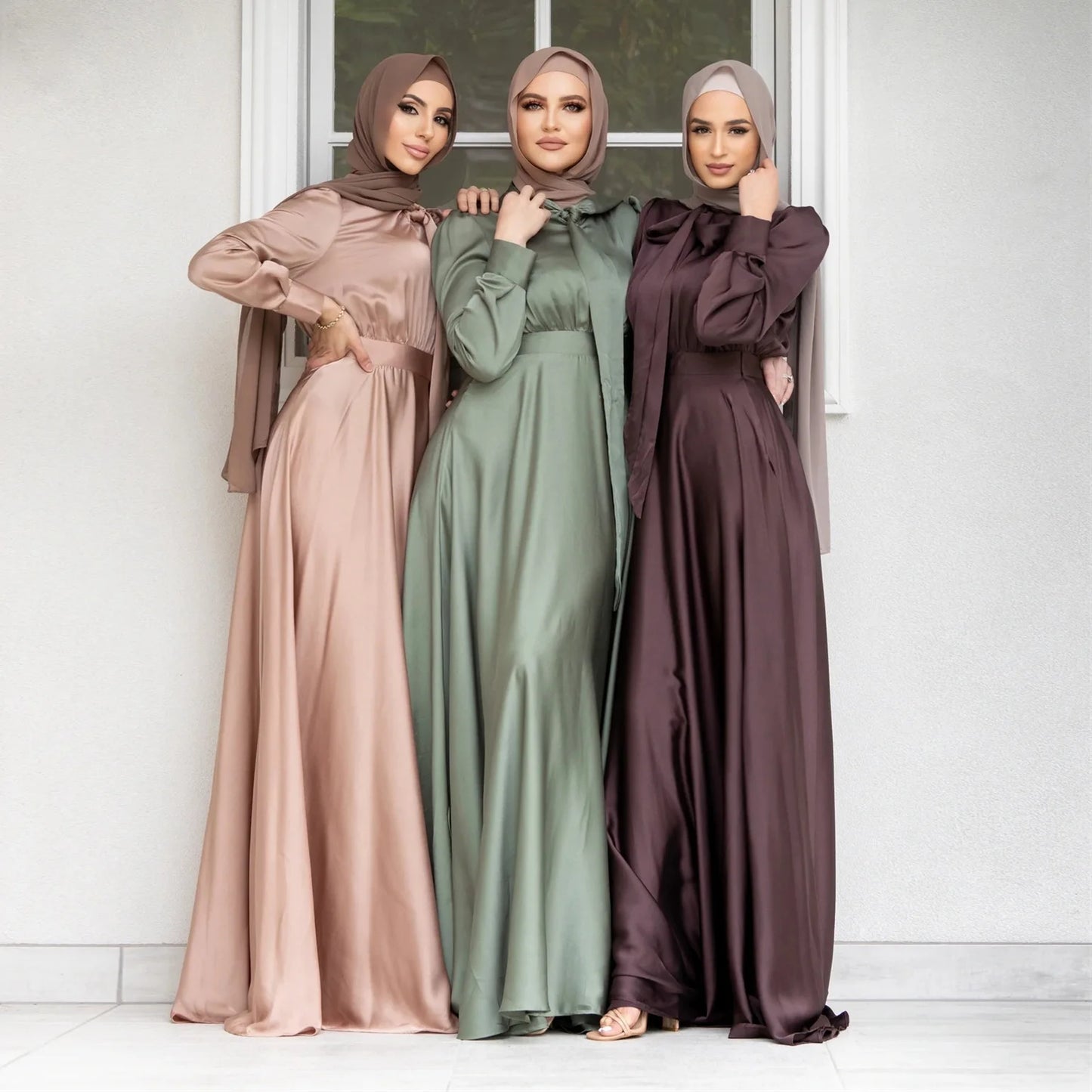 Satin Dress Muslim Abaya Solid Color Women Dress Long Sleeve Pullover