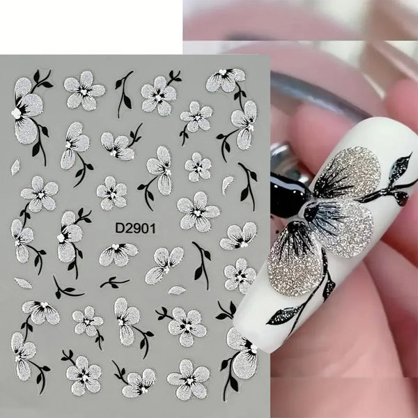 floral nail art stickers – 5D glitter silver black front view