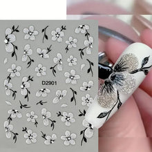 floral nail art stickers – 5D glitter silver black front view