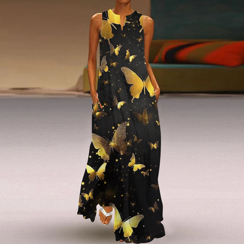 Summer Dress Woman 2025 Printed Dresses Summer Sleeveless V-Neck Long Dress Ladies Casual Elegant Beach Party Maxi Dresses