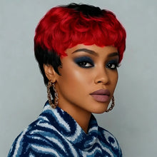 Pixie cut curly wig with bangs side profile showing full machine made construction.