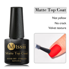Black nail polish bottle with gold logo labeled 'Mtsssii' on a white background.