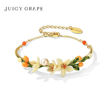 Pearl & Kumquat Enamel Flower Bangle Bracelet