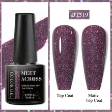 Nail gel polish with black bottle labeled 'Meet Across' and two nail samples showing top coat and matte top coat.