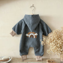 Rainbow baby jumpsuit with an attached winter hood