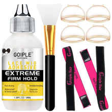 Lace front wig glue kit showing waterproof hair glue and silicone applicator.