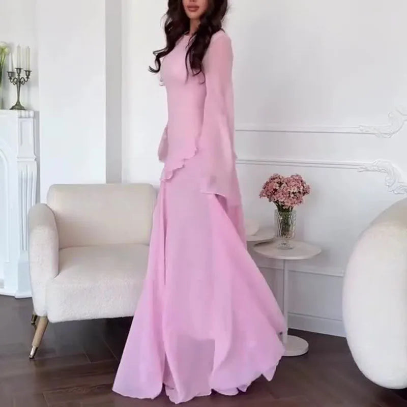 Robes O Neck Solid Ruffles Party Pleated Dress Spring Autumn Flare Sleeve Tie-up