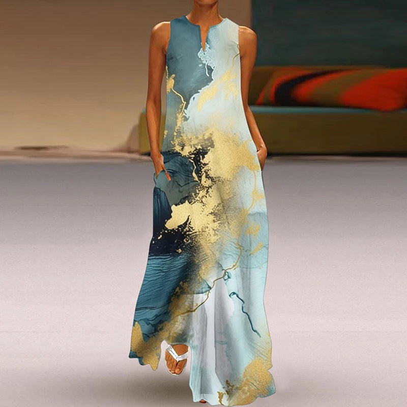 Summer Dress Woman 2025 Printed Dresses Summer Sleeveless V-Neck Long Dress Ladies Casual Elegant Beach Party Maxi Dresses