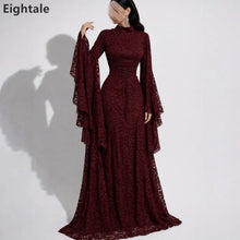 Burgundy Lace Mermaid Maxi Evening Dress Long Sleeve