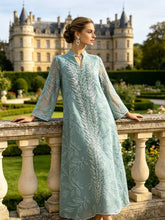 Mint Green Abaya with Silver Sequin Leaf Kaftan Elegant Ramadan Eid Prayer Dress