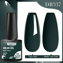 MTSSII Color Gel bottle with two nail samples showing top coat and matte top coat on a white background.