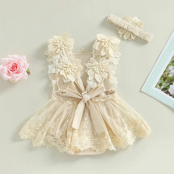 Baby girl square neck romper in floral lace with headband