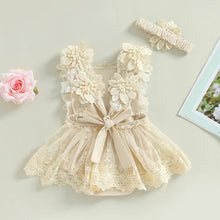 Baby girl square neck romper in floral lace with headband