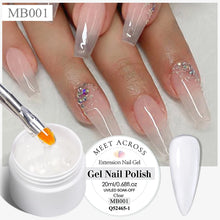 Nail gel polish with a brush and clear gel on nails, featuring 'Meet Across' brand.