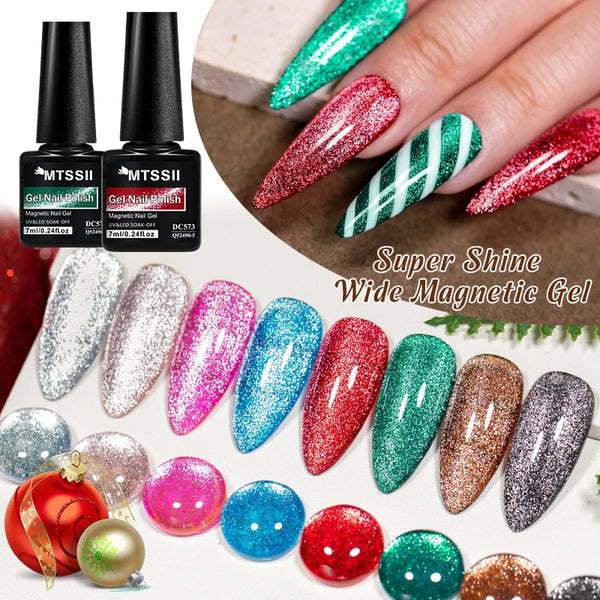 MTSSII magnetic gel nail polish set shown with two black bottles, glitter nail color swatches in multiple colors, decorated Christmas ornaments, and a hand with long glittery manicured nails.