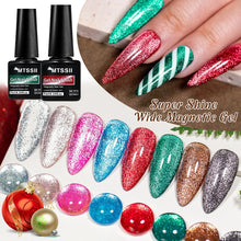 MTSSII magnetic gel nail polish set shown with two black bottles, glitter nail color swatches in multiple colors, decorated Christmas ornaments, and a hand with long glittery manicured nails.