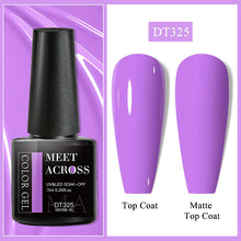 Nail gel polish bottle with purple color swatches labeled 'Top Coat' and 'Matte Top Coat' on a purple background.
