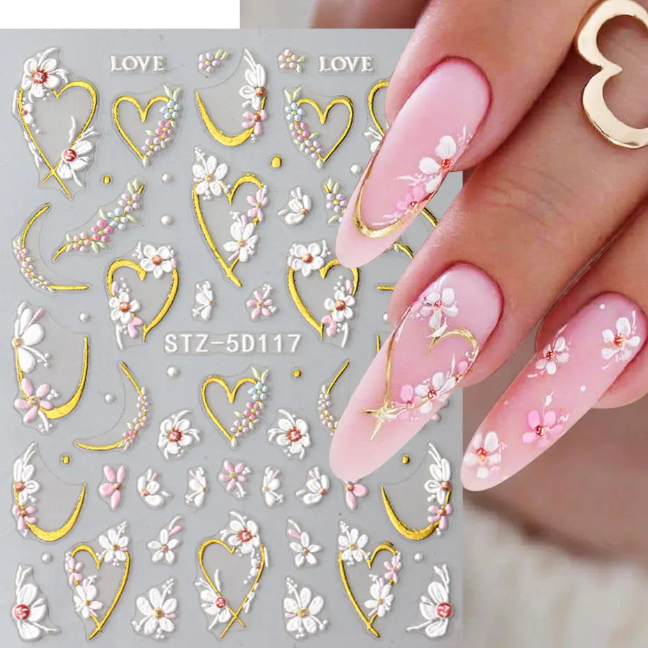Floral Gold Line Sliders Spring White Flowers Nail Stickers