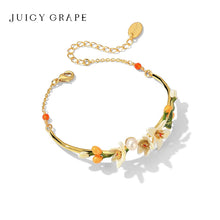 Pearl & Kumquat Enamel Flower Bangle Bracelet