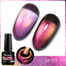 MTSSII magnetic nail gel polish bottle shown beside two nail swatches displaying a purple-to-pink shimmering color shift, with a circular close-up of the polish on a brush and the shade code DC323 on a pink background.