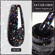 Black glitter sequins gel with 54 color options on a white background