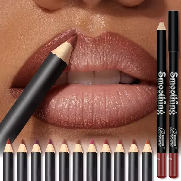 Waterproof matte lip liner shade range showing all 6 versatile colours.