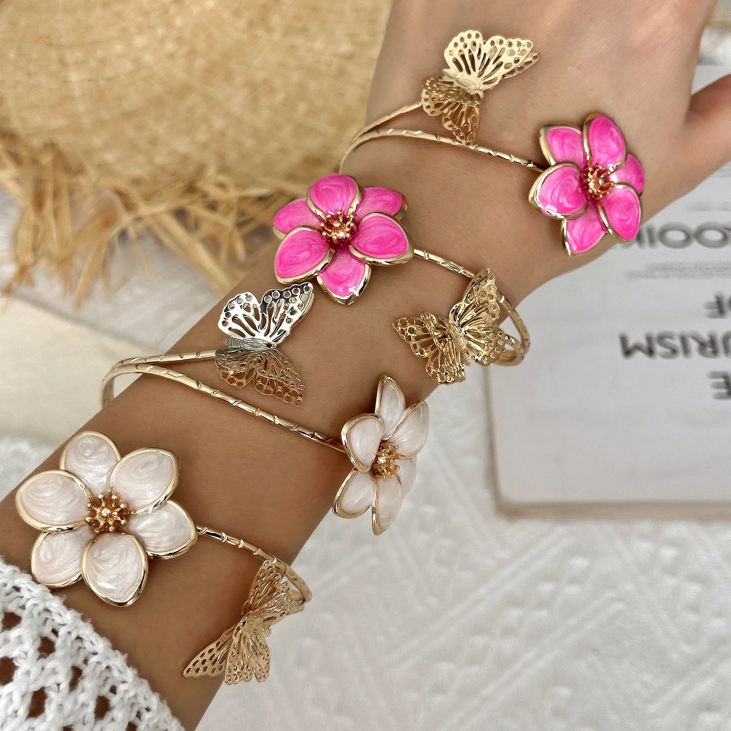 Elegant Enamel Flower Open Cuff Bracelet