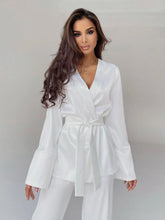 Women's satin pajama set with robe and trousers