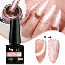 MTSSII Color Gel nail polish in shade DC54, shown in a black bottle alongside close-up nail swatches and a hand displaying the applied metallic rose-gold pink manicure.