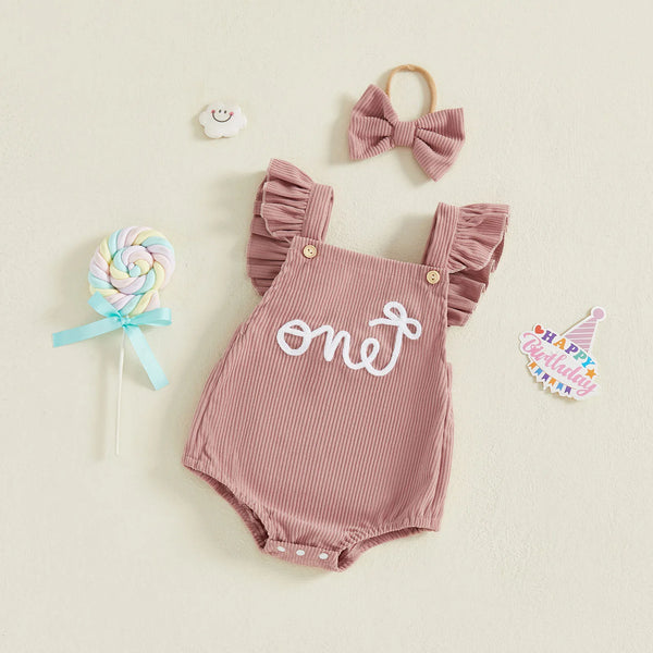 Baby Birthday Romper - Ruffle Sleeve Set with Headband