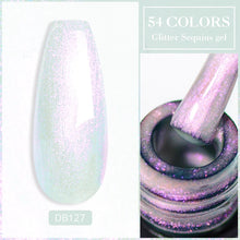 Glitter sequins gel with a nail application and '54 Colors' text on a white background.