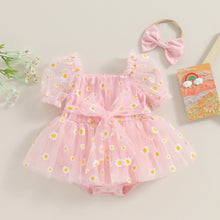 Baby girl tulle romper in pink with daisy print and headband