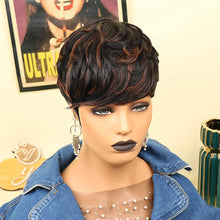 Pixie cut bob wig black women with curly bangs front view.