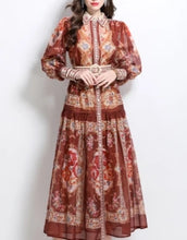 Floral print long dress with turn-down collar and waist sash