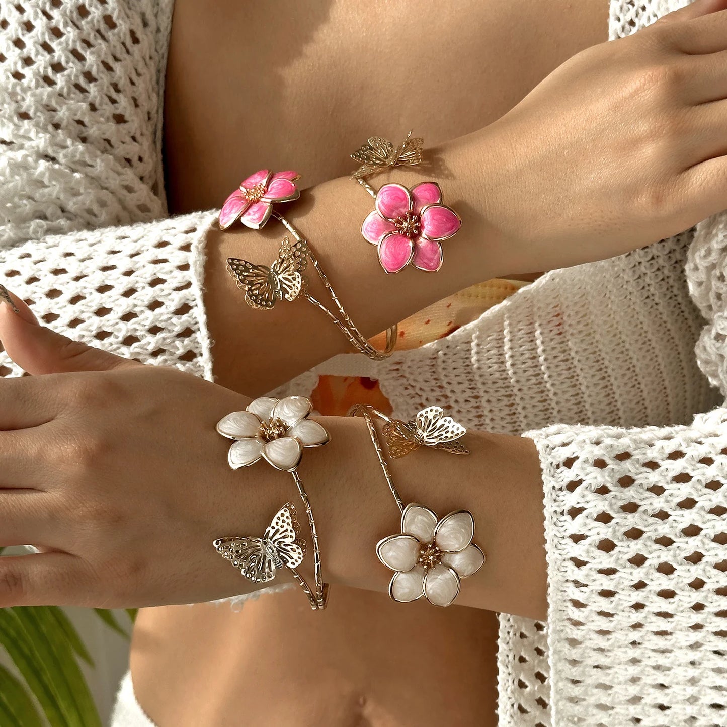 Elegant Enamel Flower Open Cuff Bracelet