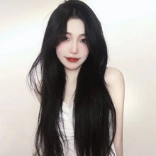 1. Black straight hair wig with middle part fringe — full length view. 2. Black straight hair wig showing smooth tangle-free synthetic fibres. 3. Black straight hair wig with adjustable band for secure fit. 4. Black straight hair wig middle part fringe framing the face. 5. Black straight hair wig worn for casual daily wear look. 6. Black straight hair wig available at Her Wardrobe & Beyond.