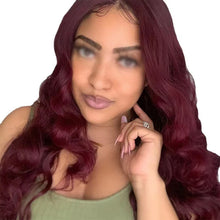 Curly wine red long wig back view showing length and high-temperature silk fibers.