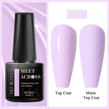Gel polish bottle with a purple nail and 'Meet Across' branding on a light purple background.