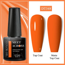 Nail gel polish with black cap and orange color, showing top coat and matte top coat on nails.