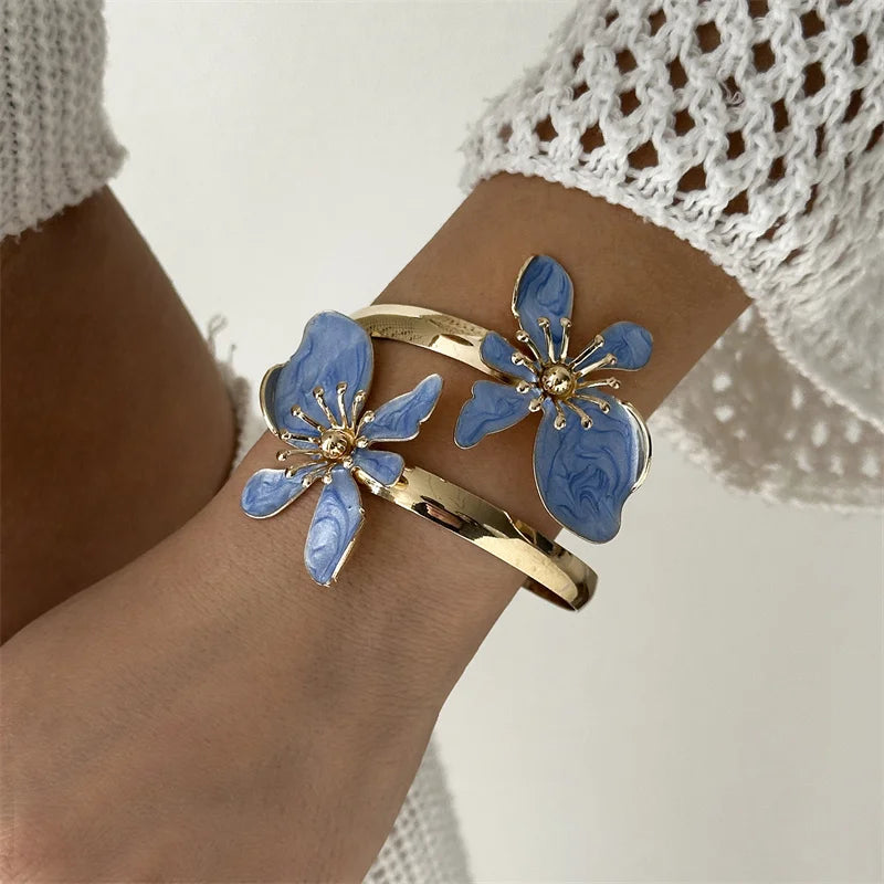 Colorful Enamel Flower Cuff Bracelets