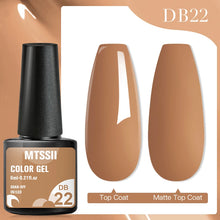 MTSSII color gel polish bottle with two nail samples on a beige background