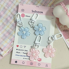 Sakura keychain resin flower attached to bag zip pull styling shot.