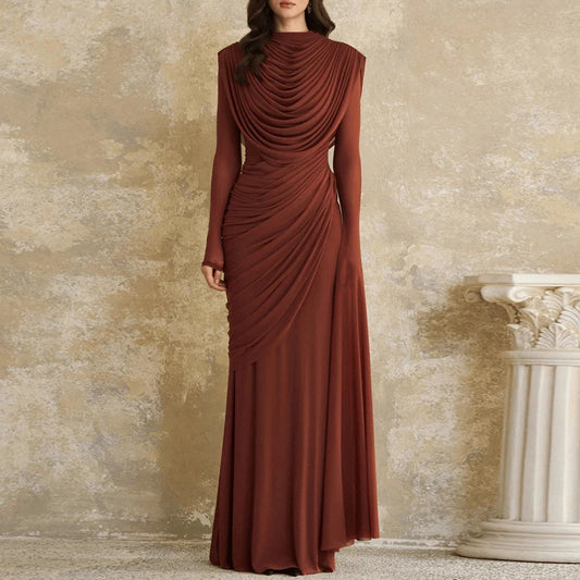 Vintage Solid Slim Fit Pleated Maxi Dress