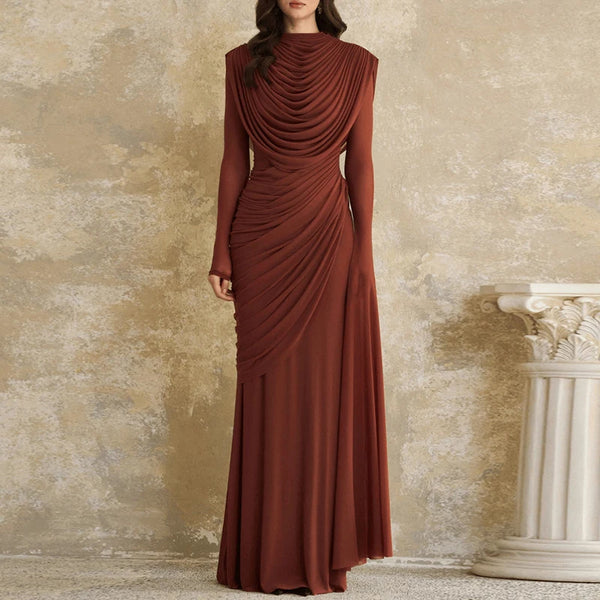 Vintage Solid Slim Fit Pleated Maxi Dress