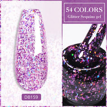 Glitter sequins gel with a nail application and product container on a white background.