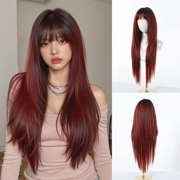 Ombre layered synthetic wig in stunning gradient colour from root to tip.