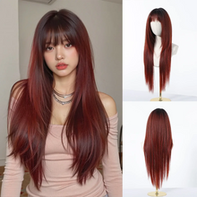 Ombre layered synthetic wig in stunning gradient colour from root to tip.