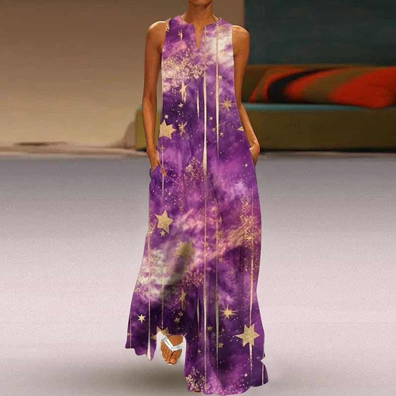 Summer Dress Woman 2025 Printed Dresses Summer Sleeveless V-Neck Long Dress Ladies Casual Elegant Beach Party Maxi Dresses