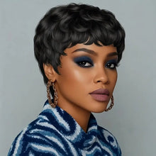 Model wearing pixie cut curly wig with bangs for an everyday look.