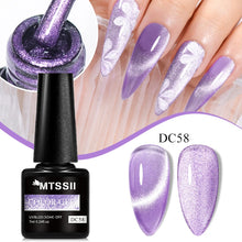 MTSSII DC58 purple glitter color gel nail polish bottle shown with a close-up of the brush and swatches on fingernails and nail tips. The manicure demonstrates a lavender-to-silver cat-eye glitter effect.